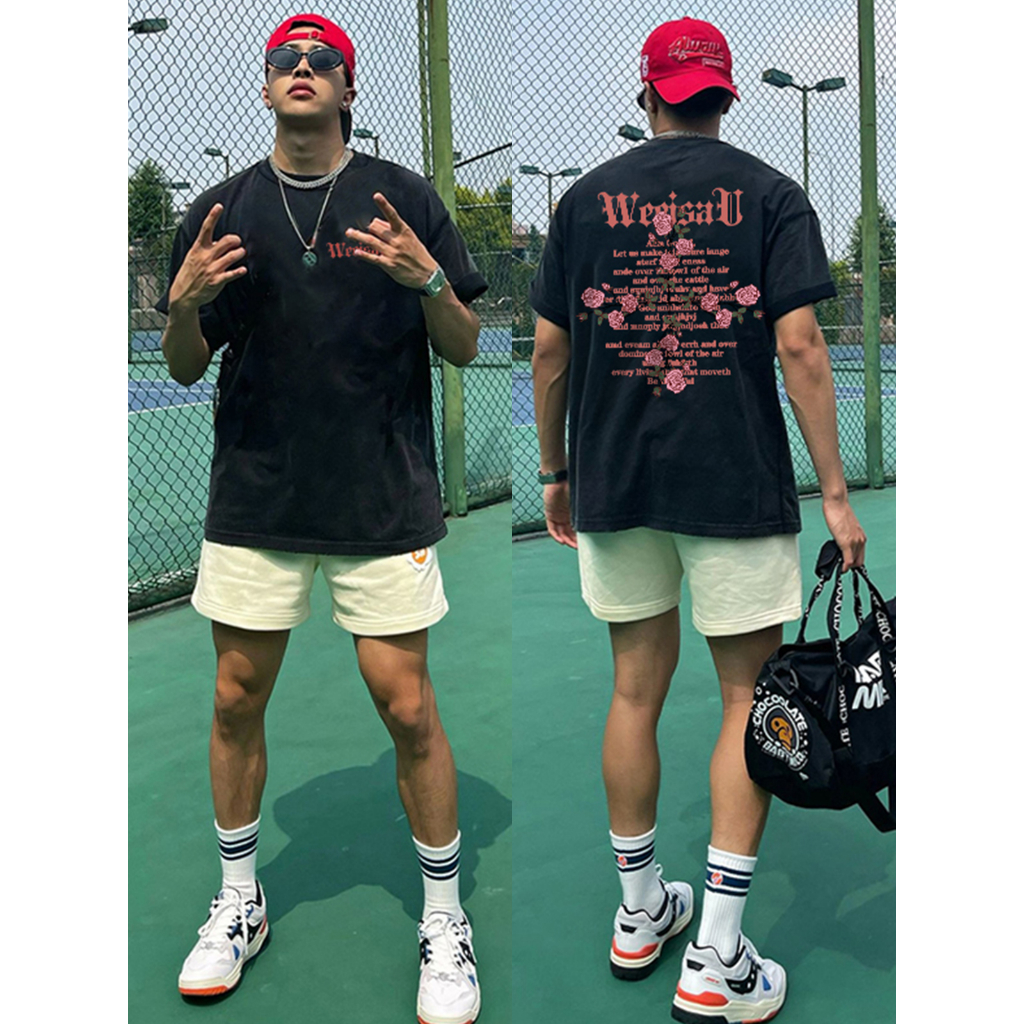 Áo Thun Nam Họa Tiết Cánh Hoa Chữ WISISAU HeiLit Phông Tay Lỡ Chất Vải Cotton Co giãn Form Unisex