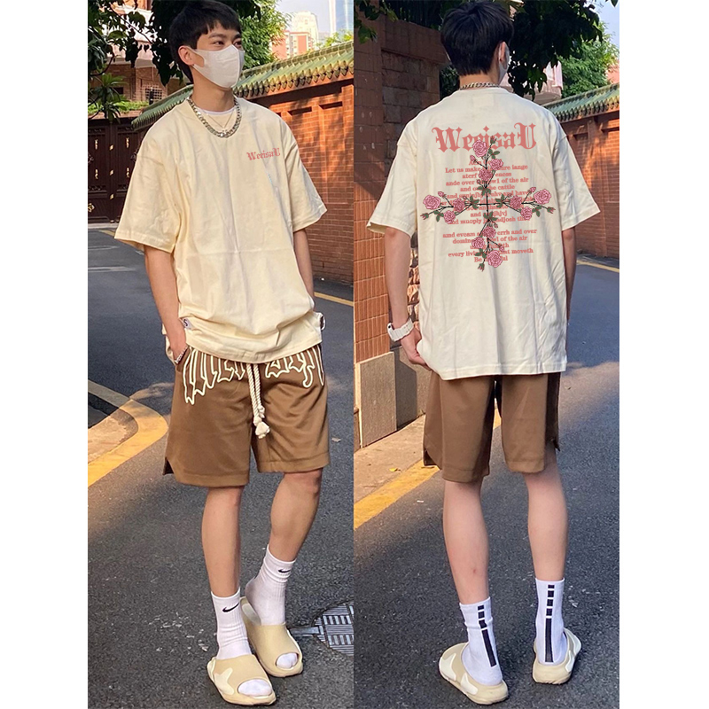 Áo Thun Nam Họa Tiết Cánh Hoa Chữ WISISAU HeiLit Phông Tay Lỡ Chất Vải Cotton Co giãn Form Unisex