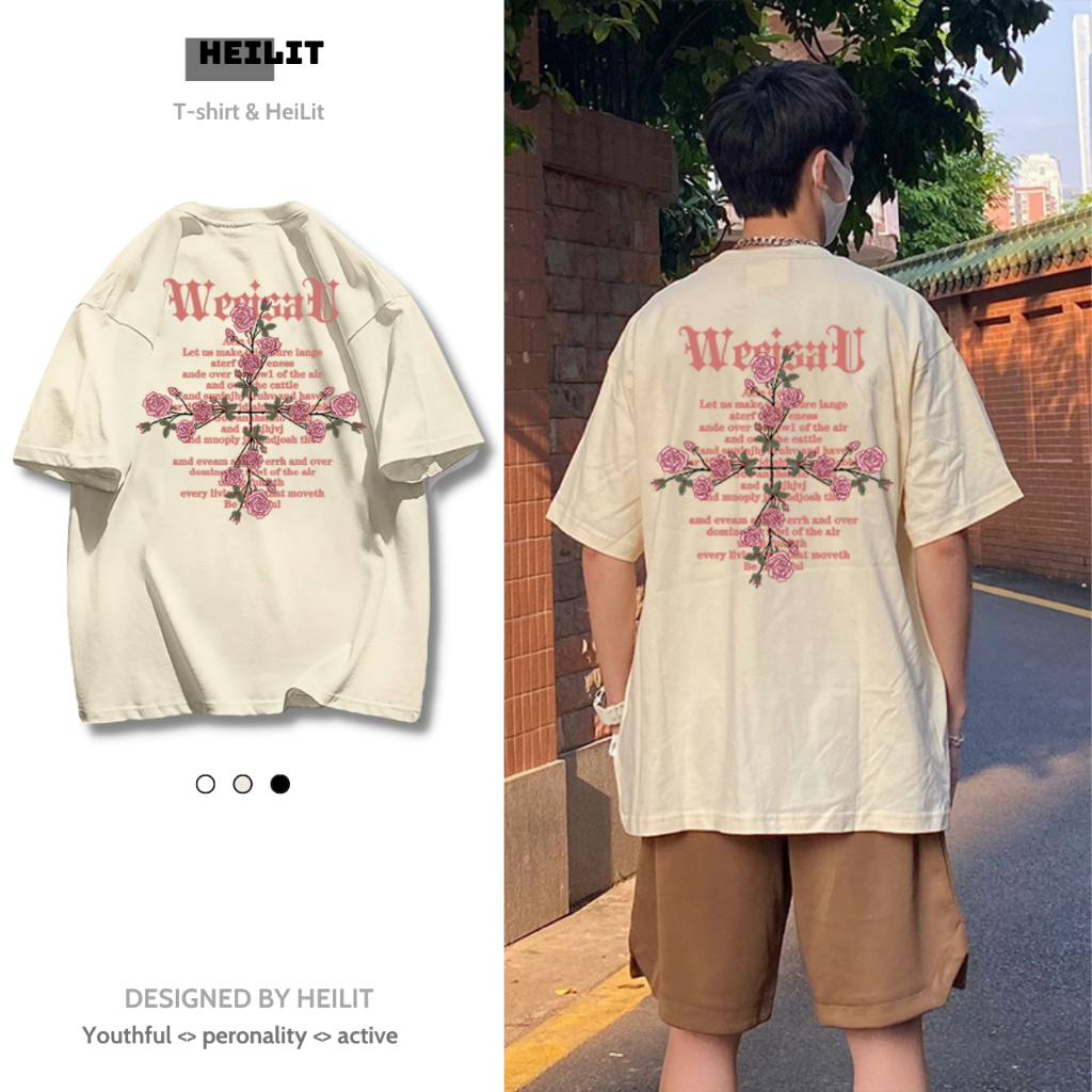 Áo Thun Nam Họa Tiết Cánh Hoa Chữ WISISAU HeiLit Phông Tay Lỡ Chất Vải Cotton Co giãn Form Unisex