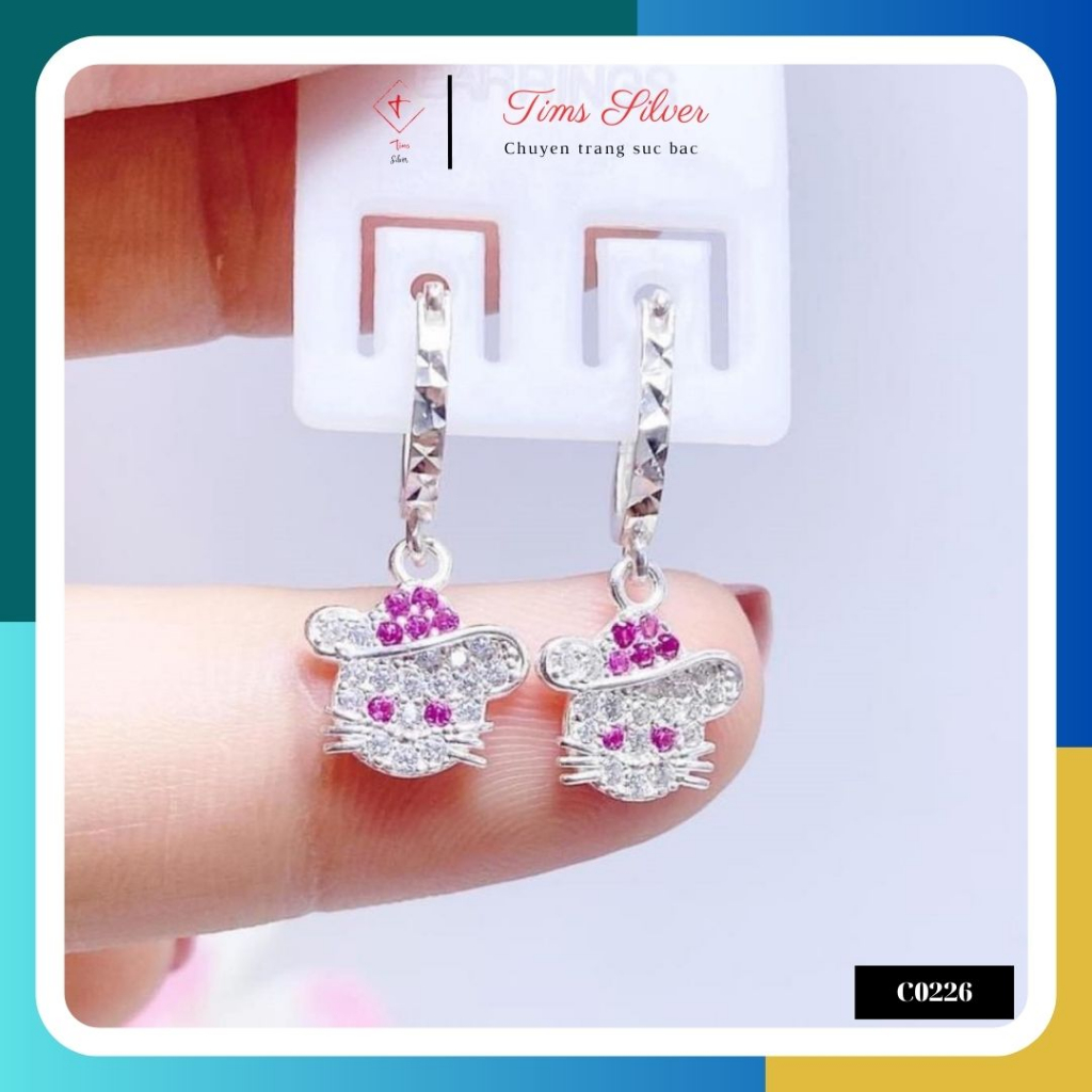 Bông tai/Khuyên tai bạc ta, bạc S925 hình mèo Hello Kitty đội mũ dành cho bé gái TIMS C0226