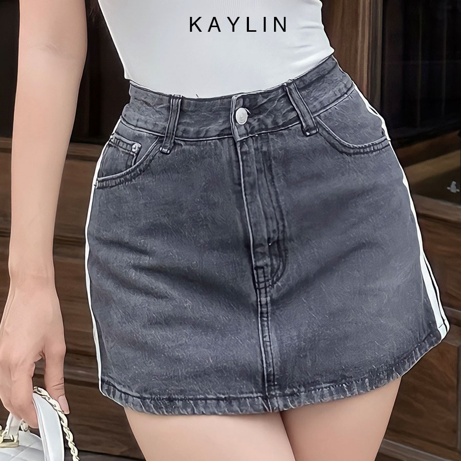 Chân váy jean ngắn phối sọc phong cách retro thể thao KAYLIN - N2075