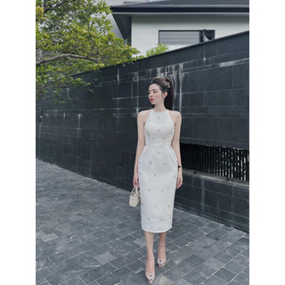 ĐẦM MIDI CỔ YẾM ĐÍNH NGỌC