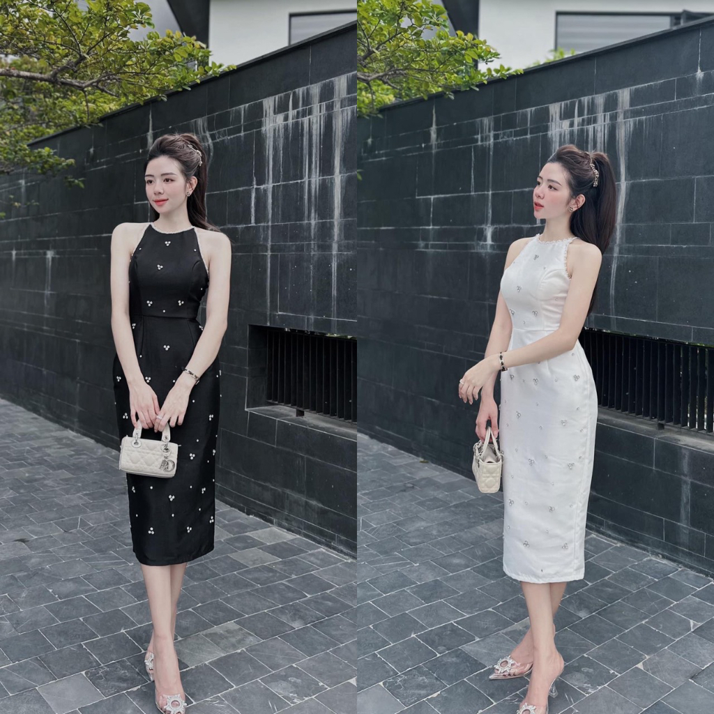 ĐẦM MIDI CỔ YẾM ĐÍNH NGỌC
