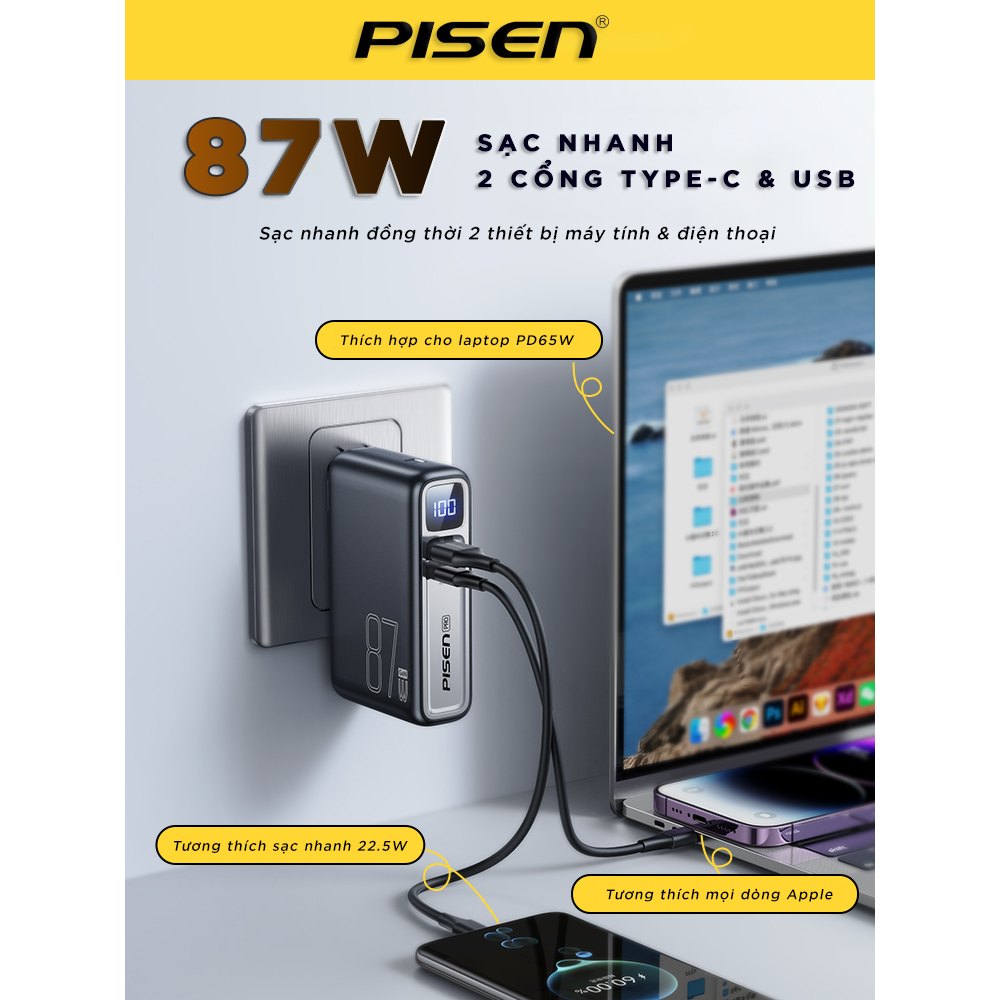 Sạc dự phòng chân cắm PISEN PRO Super High Power Box 10000mAh 87W cho laptop & điện thoại-Hàng chính hãng, BH 24 tháng