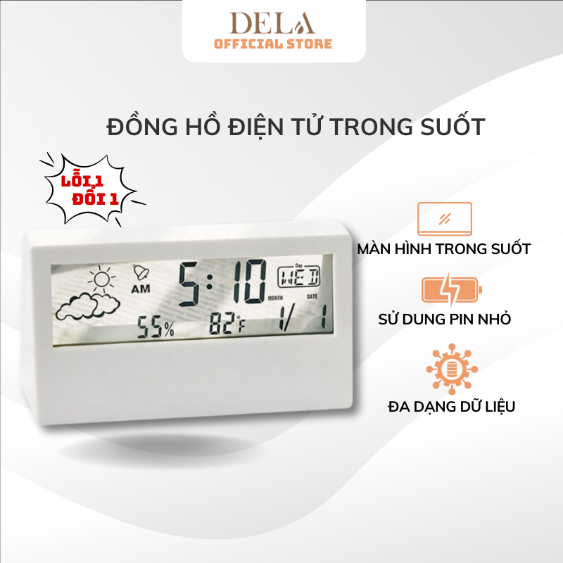 Đồng hồ điện tử màn hình led trong suốt để bàn dễ thương, hiển thị thời gian nhiệt độ thời tiết - DHL04