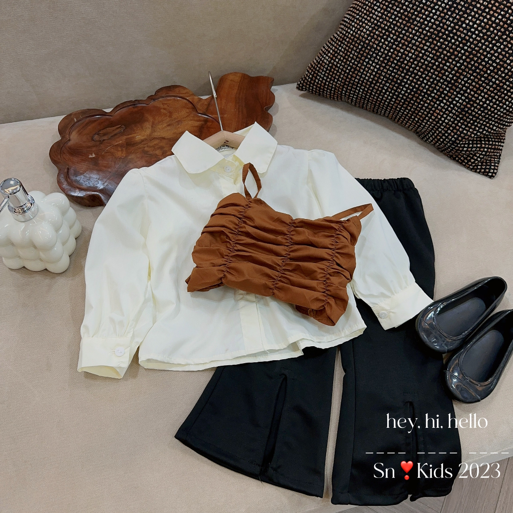 Bộ bé gái thu đông, set 3ct: áo sơ mi thô kem+ áo 2 dây chun , quần umi xẻ tà sành điệu cho bé 12-32kg