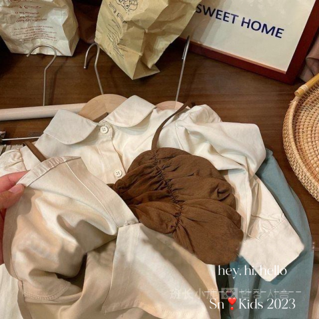 Bộ bé gái thu đông, set 3ct: áo sơ mi thô kem+ áo 2 dây chun , quần umi xẻ tà sành điệu cho bé 12-32kg