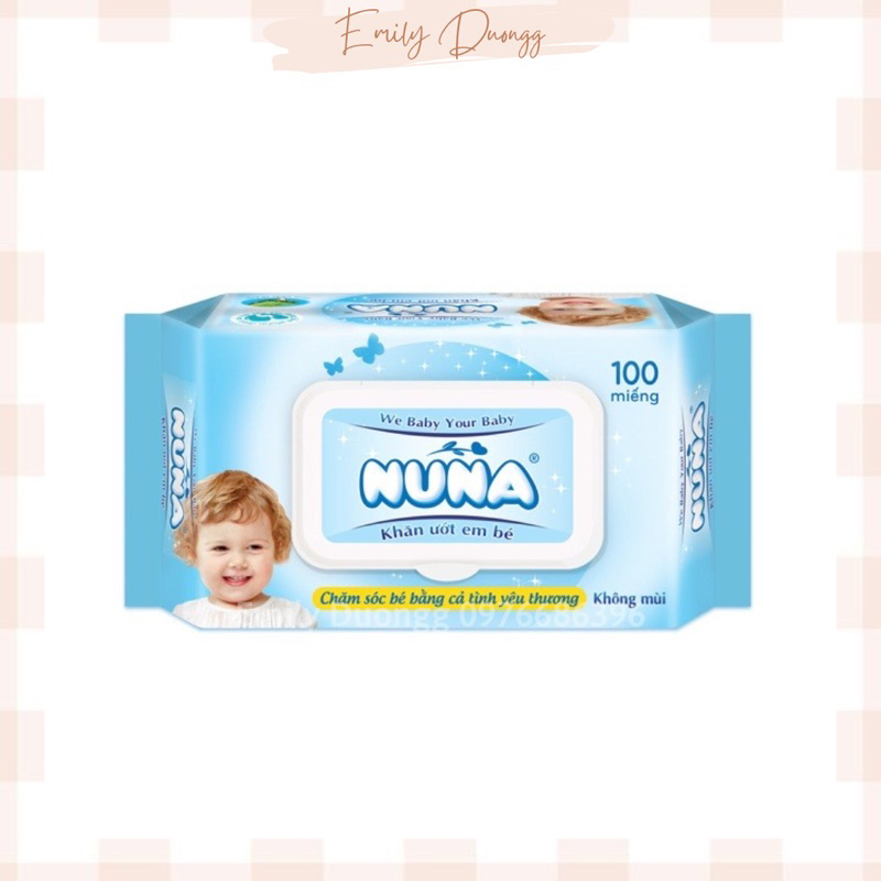 Gói khăn ướt em bé Nuna 100 miếng không mùi, có nắp rút kéo giấy tiện lợi
