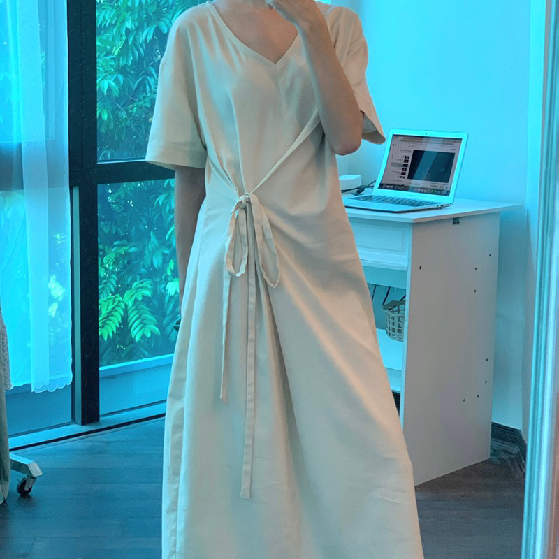 Lotus linen dress- Váy linen dây buộc eo hai kiểu cổ V dáng suông PAAES[ảnh thật]