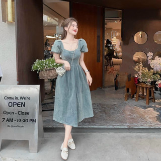 váy đầm dự tiệc, cổ vuông tay phông, tôn dáng siêu xinh