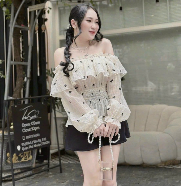 Áo trễ bẹt vai nữ, áo kiểu body tay dài không mút nhún bụng hoa nhí G286