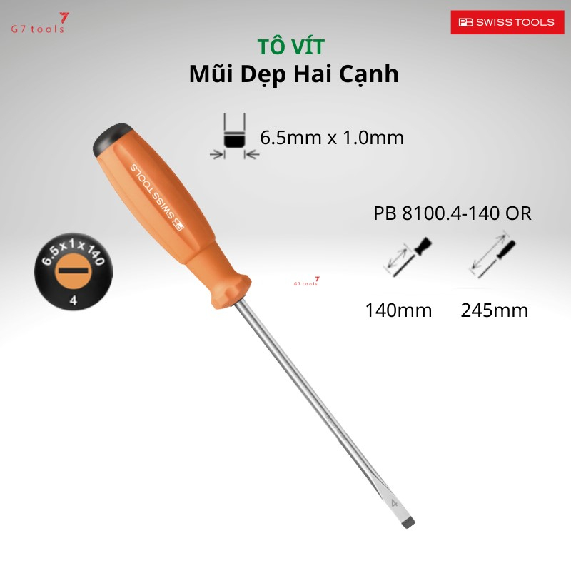 Tua Vít PB Swiss Tools Swiss Grip Mũi Dẹp 6.5mm dài 245mm PB 8100.4-140 OR Tay Cầm Màu Cam