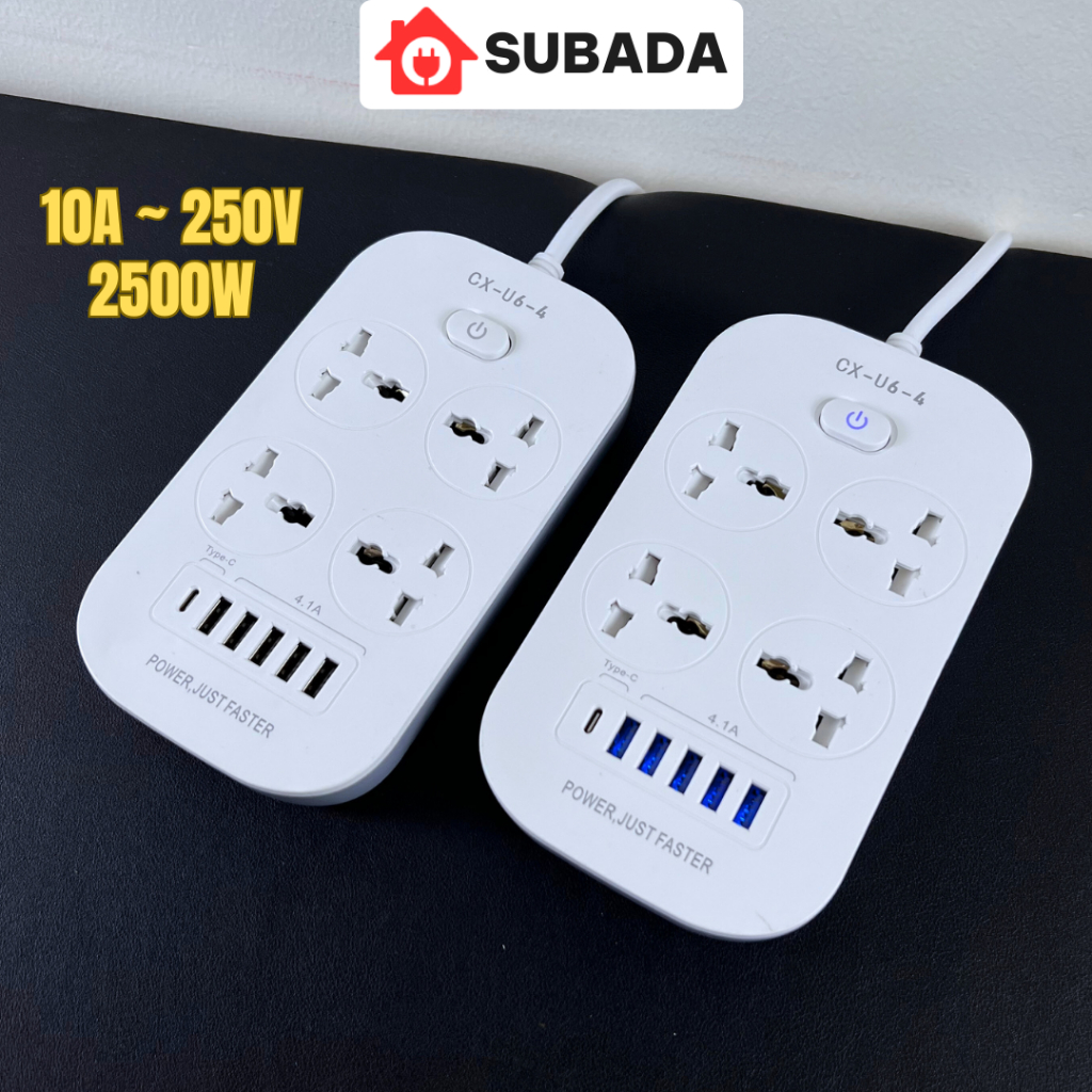 Ổ cắm điện đa năng 2500W Subada chống giật chống cháy 5 cổng USB và 1 cổng type-C 10W dây 3m chân cắm 2 chấu OD28