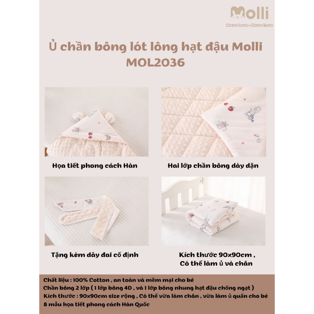 CHĂN Ủ TRẦN BÔNG 2 LỚP MOLLI CHO BÉ - KT 90*90CM