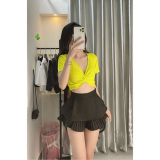 Áo thun gân cổ tim xoắn ngực tay ngắn ôm body khoe eo thon croptop PC
