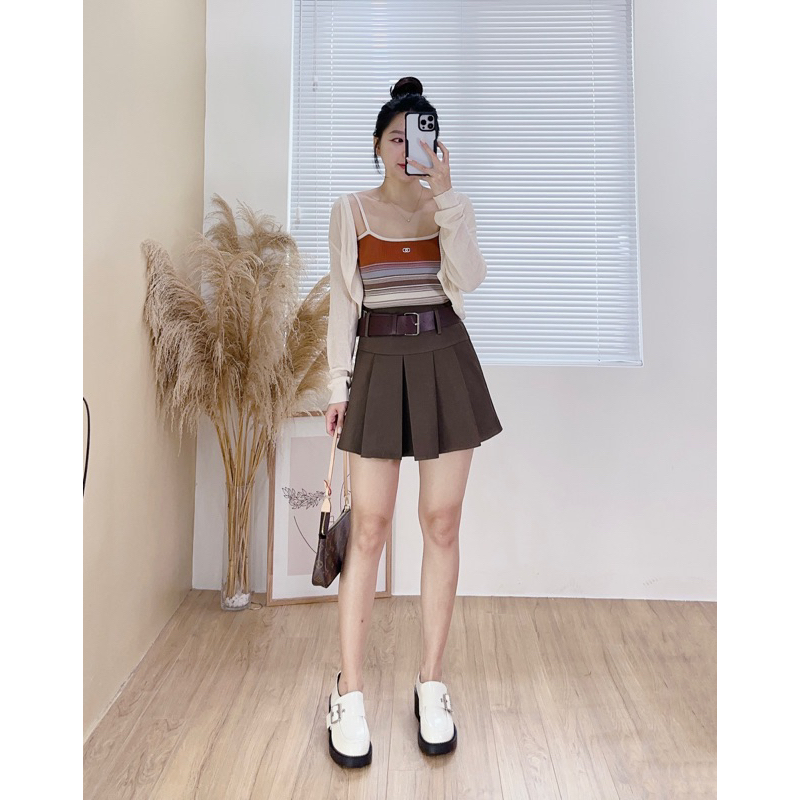 Set áo dây kẻ chữ x và áo cardigan