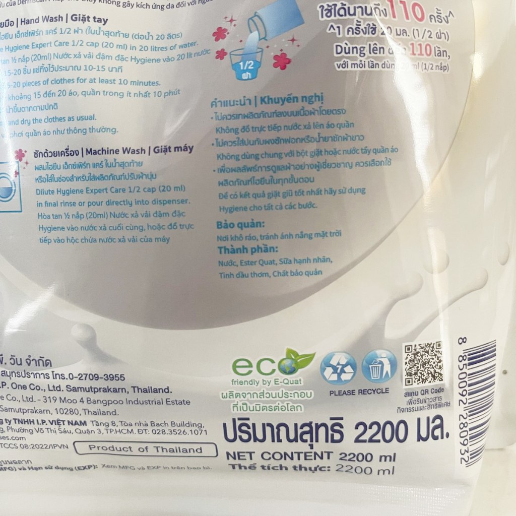 [Túi Lớn] Nước Xả Vải Hygiene Thái Lan Đậm Đặc Expert Care Màu Trắng Milky Touch 2200ml