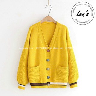 Áo khoác len cardigan tay phồng nút màu phối viền Nàng Len