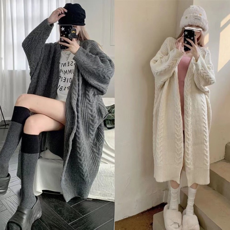 Áo khoác len cardigan dáng dài oversize chất len thừng quảng châu cao cấp