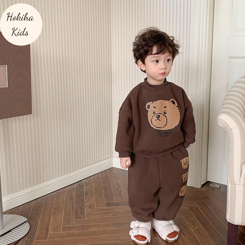 TE61 - Bộ áo+quần nỉ bông Hokiha Kid mềm mịn hình gấu cho bé trai bé gái size 8-16kg