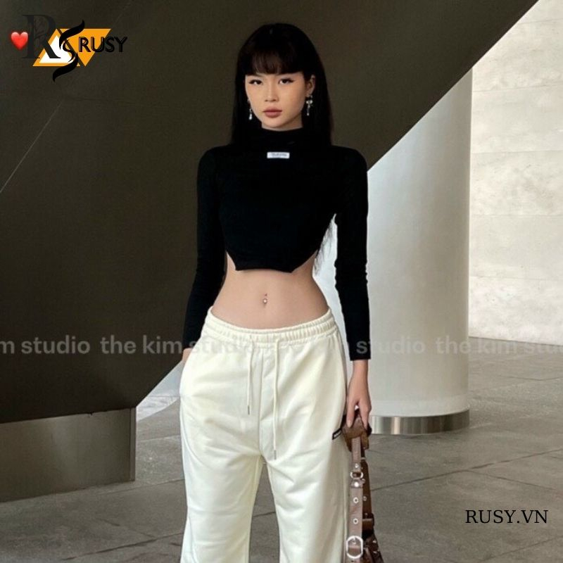 Áo Thun Crotop Nữ Dài Tay Cổ Lọ Thun Mềm Mại Cao Cấp Tay Nối Đa Dạng Phong Cách RUSY