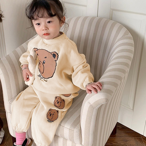 TE61 - Bộ áo+quần nỉ bông Hokiha Kid mềm mịn hình gấu cho bé trai bé gái size 8-16kg