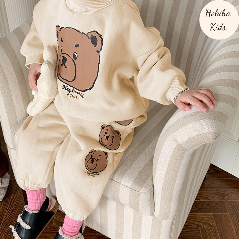 TE61 - Bộ áo+quần nỉ bông Hokiha Kid mềm mịn hình gấu cho bé trai bé gái size 8-16kg
