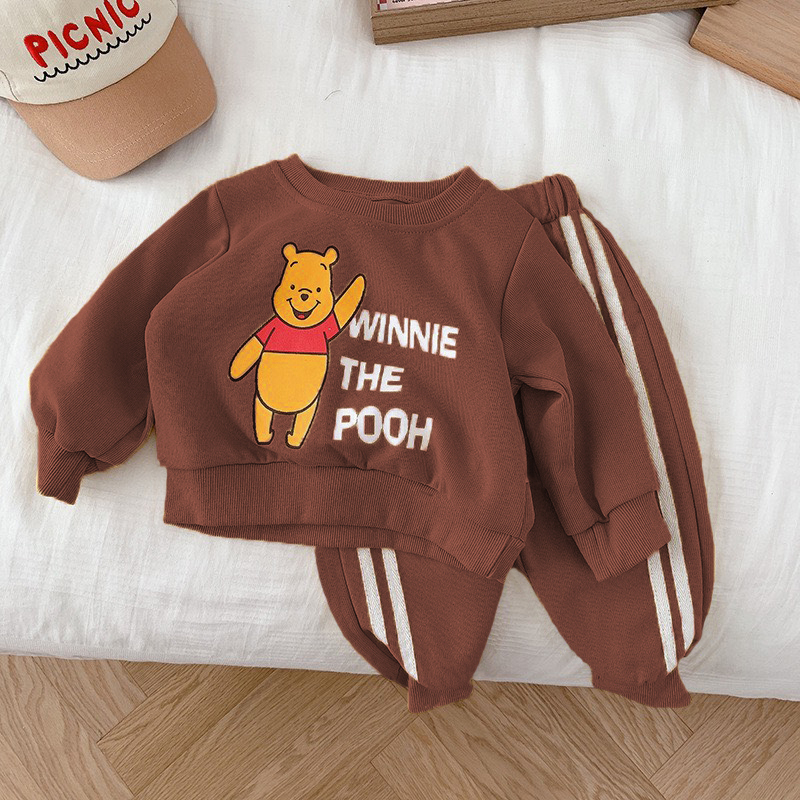 TE394- Bộ áo +quần dài tay Hokiha Kid cho bé trai bé gái hình gấu Pooh chất da cá mềm mại, co giãn size 8-18kg