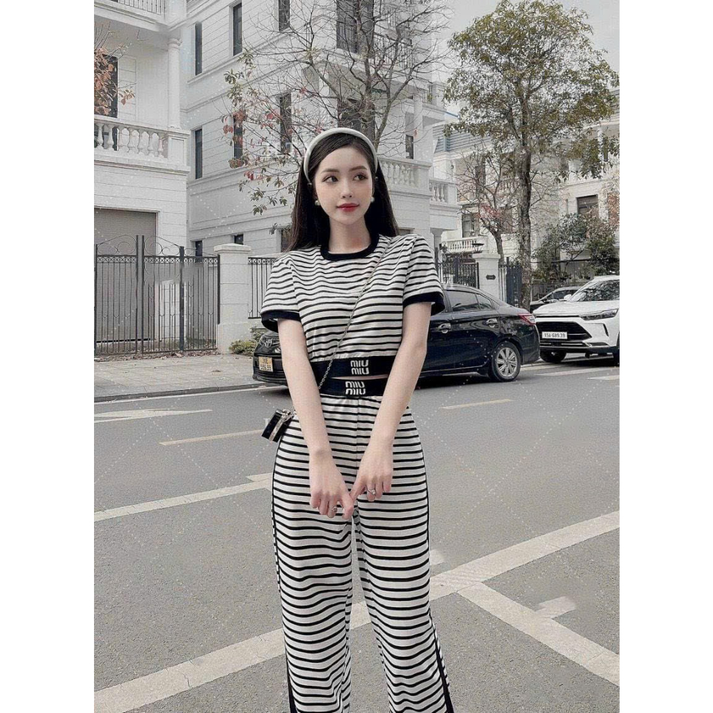 Đồ bộ dài chất thun gân mềm mát,bộ thun sọc ngang croptop mix quần suông siêu xinh,bộ nữ