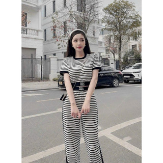 Đồ bộ dài chất thun gân mềm mát,bộ thun sọc ngang croptop mix quần suông siêu xinh,bộ nữ