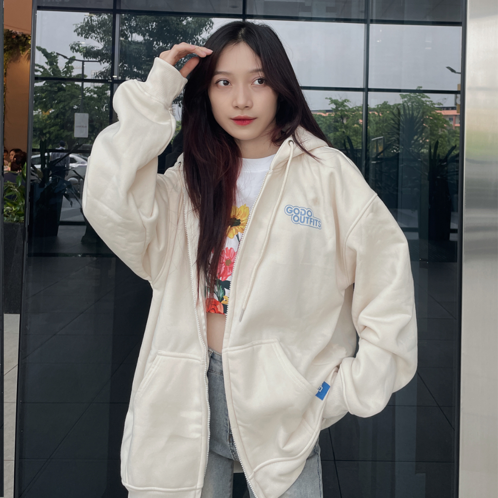 Áo Hoodie Zip Localbrand GODO khoá kéo Mini Logo - Cream