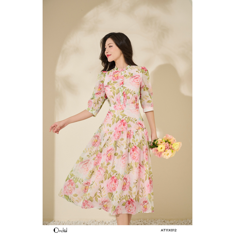 Đầm maxi tơ hoa hồng dài lỡ dáng xòe thanh lịch Orchid - AT11X012