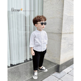 Set bộ sơ mi Beemo cho bé trai, dài tay cổ tàu, in chữ, vạt cách điệu, chất liệu áo thô quần kaki mềm mại 23278B