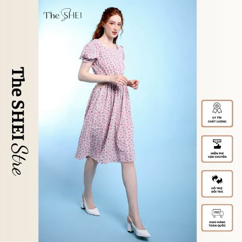 Đầm thời trang nữ Hoa Nhí Tiểu Thư Vintage hở eo ,tay phồng The SHIE - Hoa nude - TSD092239