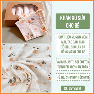 Set 5 Khăn Sữa Khăn Xô 2 Lớp Cho Bé Chất Vải Xô Muslin Họa Tiết Mèo Tai Hai Màu