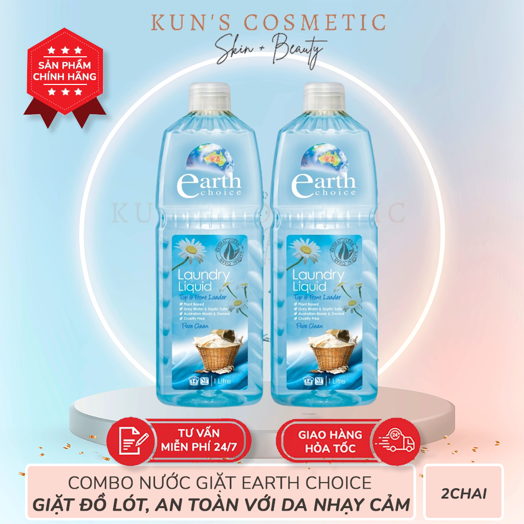 Combo Nước Giặt EARTH CHOICE Giặt Đồ Lót, An Toàn Với Da Nhạy Cảm Với Chiết Xuất Thực Vật An Toàn Dung Tích 1L