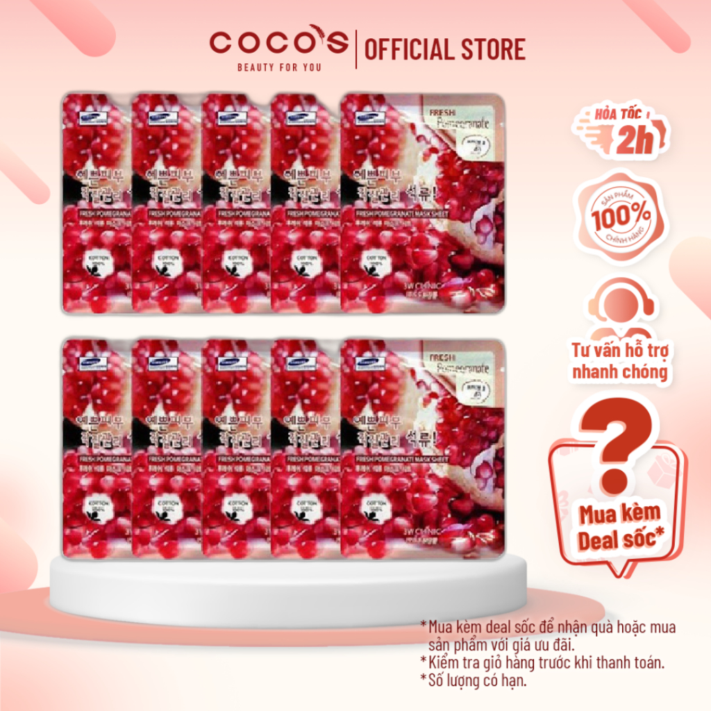 Combo 10 Mặt nạ dưỡng trắng da chống lão hóa chiết xuất lựu 3W Clinic Fresh Pomegranate Mask Sheet 23g x 10