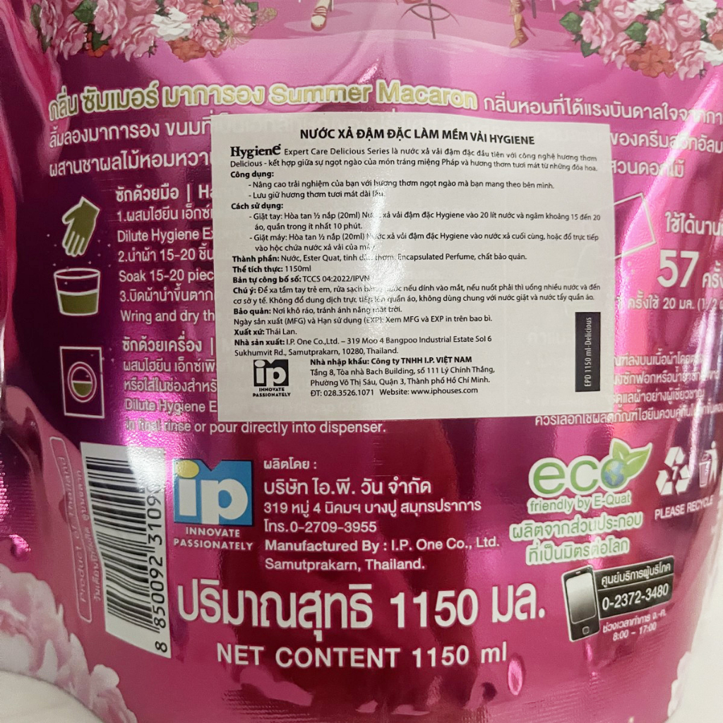 Nước Xả Vải Hygiene Thái Lan đậm đặc Extra Concentrate Delicius Series Summer Macaron túi 1150ml