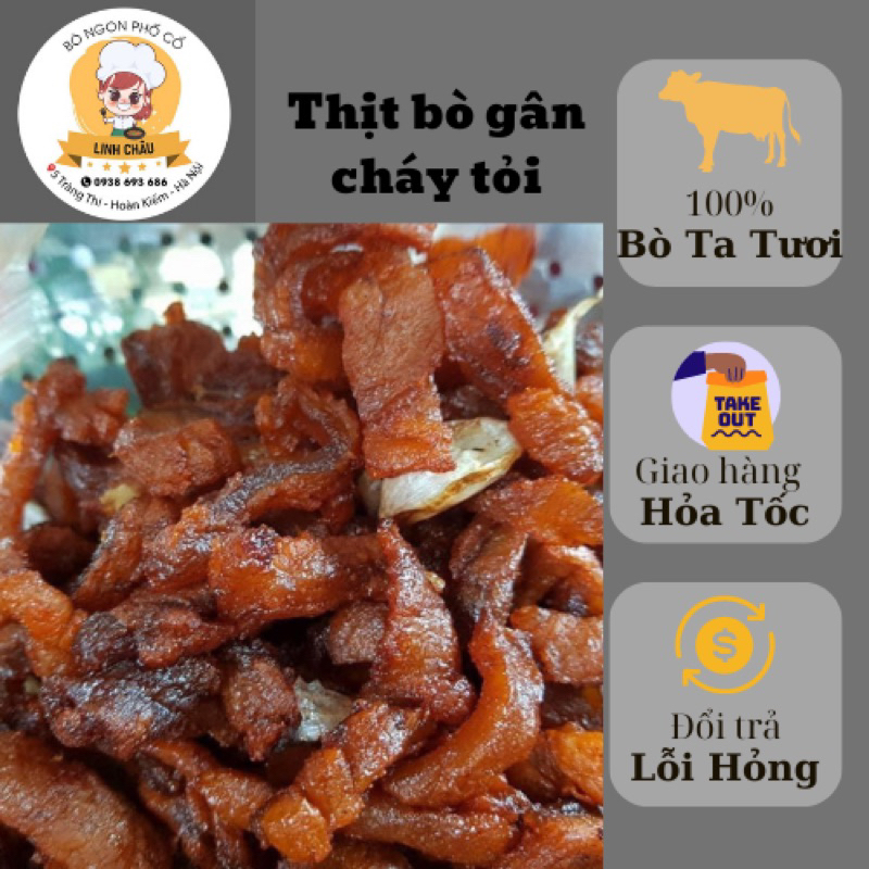 Thịt bò gân ướt cháy tỏi phố cổ 100gr 500grm. Không chất bảo quản Không hoá chất Không phẩm màu. 100% gân bò tươi.