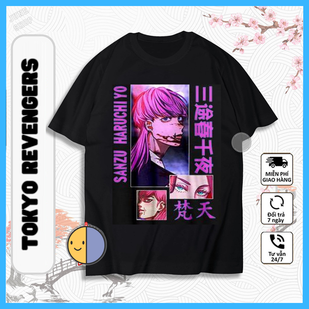 Áo thun Tokyo Revengers, Áo anime Sanzu Haruchiyo hình in sắc nét, Chất liệu cotton co dãn thoáng mát 4 chiều