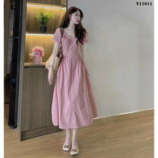 Đầm lụa maxi tay ngắn cổ V bo chun có túi 2 bên