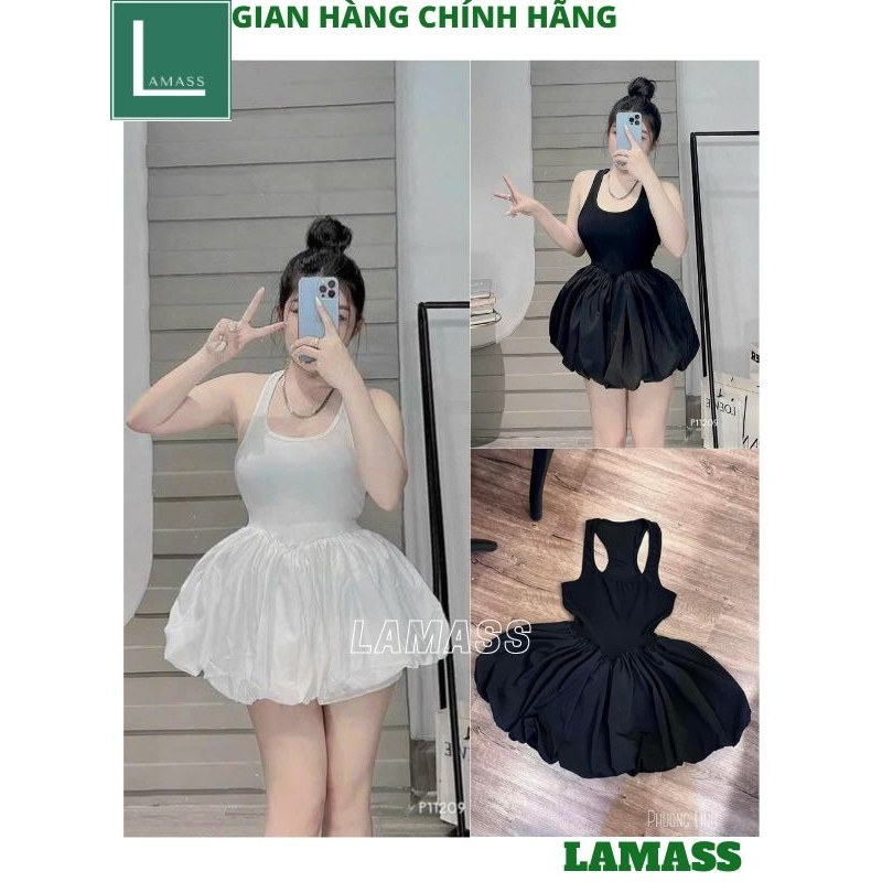 Váy thun 3 lỗ vạt chun bèo xoè bồng bềnh điệu đà, Đầm thun liền phối bồng xinh xắn kiểu dáng hàn quốc - LAMA