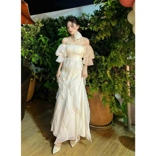 Đầm maxi suông rũ chất tơ lụa dáng xoè bèo xếp tầng tua rũ siêu đẹp kèm hoa cổ tiểu thư sang trọng M1-59