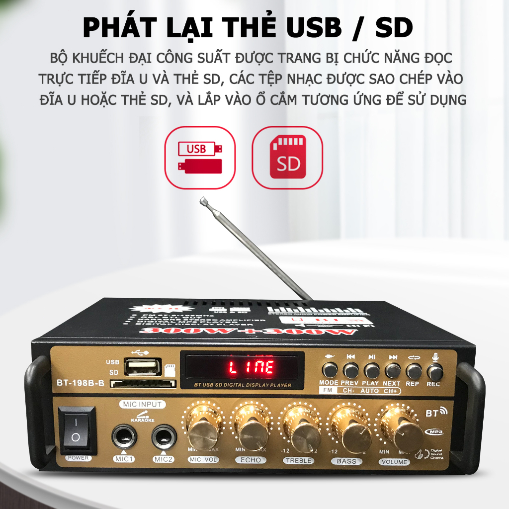 Amply karaoke mini BT-198B-B,Amply Mini Bluetooth 5.0,Âm ly Công Suất Khủng Loa Bass 25 Cho Chất Lượng Âm Thanh Đỉnh Cao