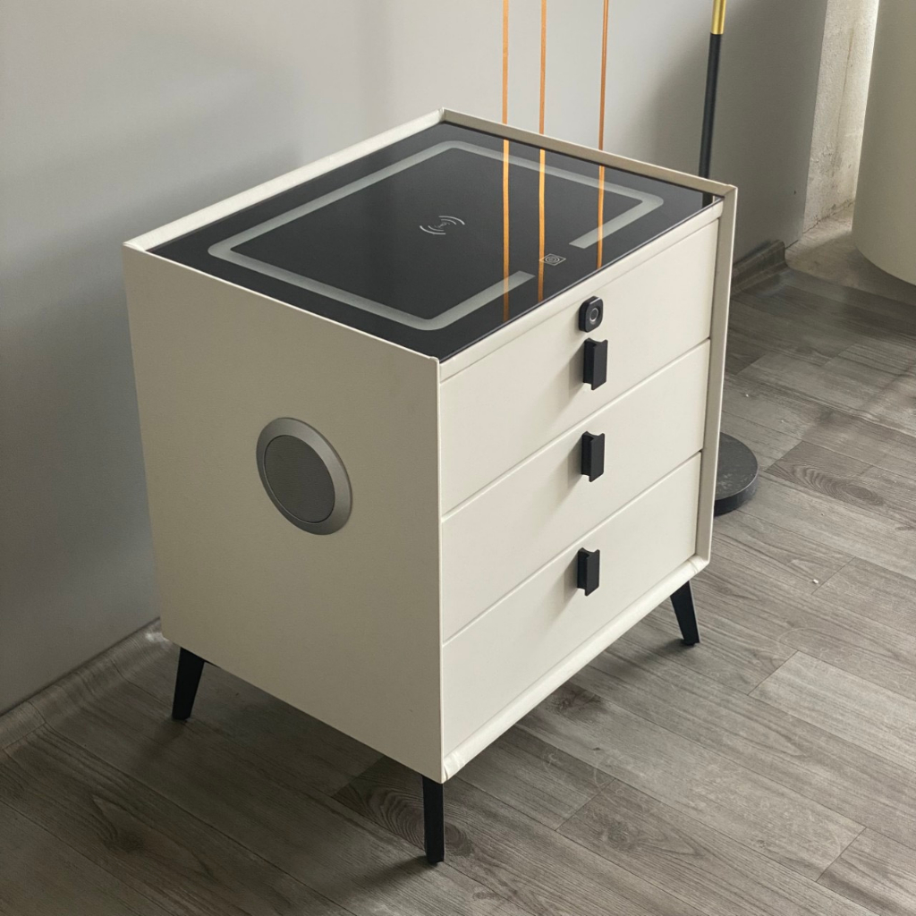 Tủ Đầu Giường Thông Minh 3 Ngăn,Tab Đầu Giường Đa Năng Có Khoá Vân Tay, Kèm Loa Bluetooth, Sạc Điện Thoại Không Dây