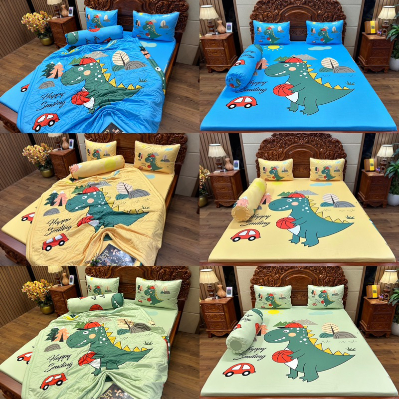 Bộ chăn ga gối thun Lanh 5D khủng long cao cấp