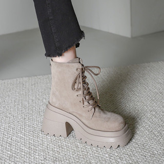 Giày boot nữ martin da lộn đế cao 9cm giày bốt nữ da lộn màu be và đen cá tính