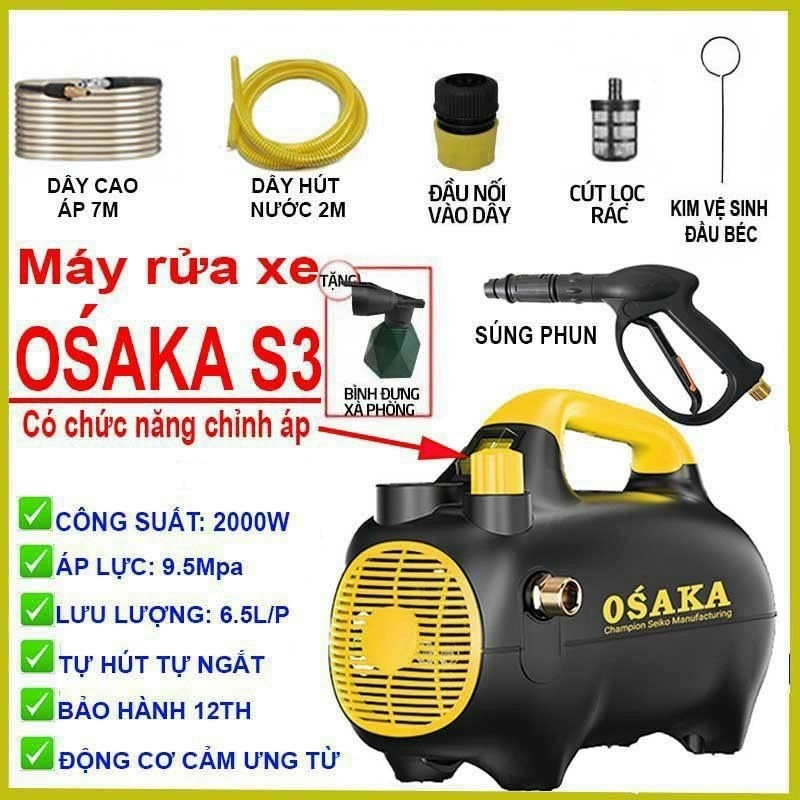 Máy Xịt Rửa Xe Chỉnh Áp Osaka S3 - 2400W - Tặng Béc Rửa Máy Lạnh