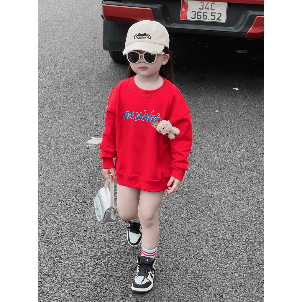 Áo nỉ cổ tròn cho bé 13demazo xanh tặng kèm gấu, áo nỉ sweater cho bé,TP KIDS,