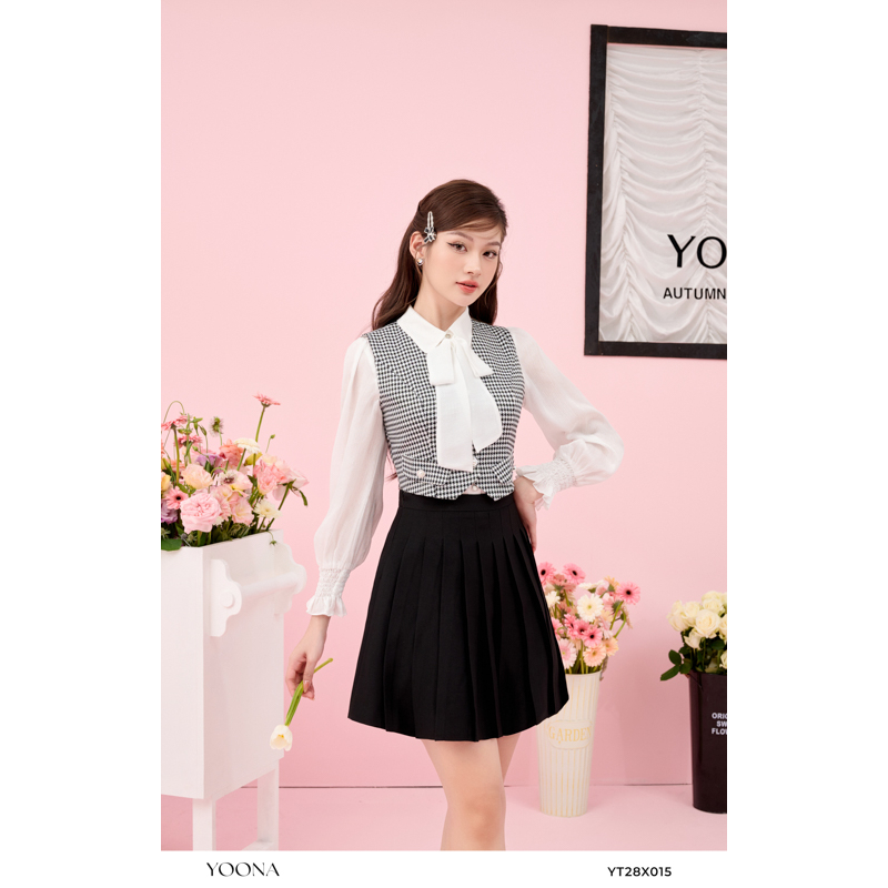 Set áo kẻ thắt nơ cổ kết hợp váy dáng chữ A YOONA - YT28X015